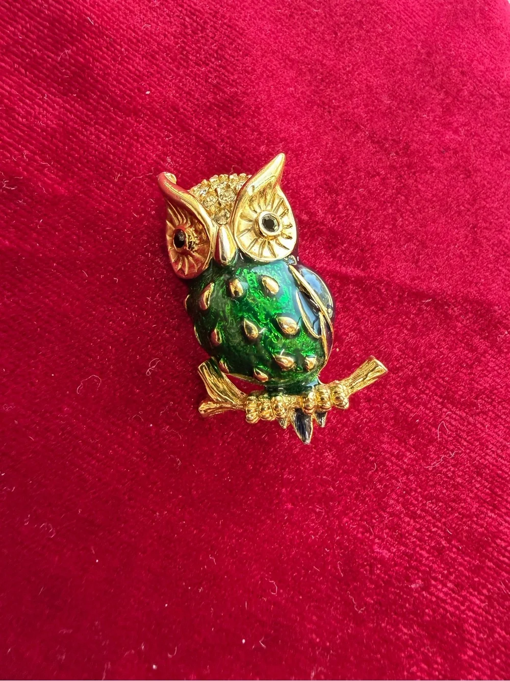 Vintage Green Enamel Owl Diamanté Brooch